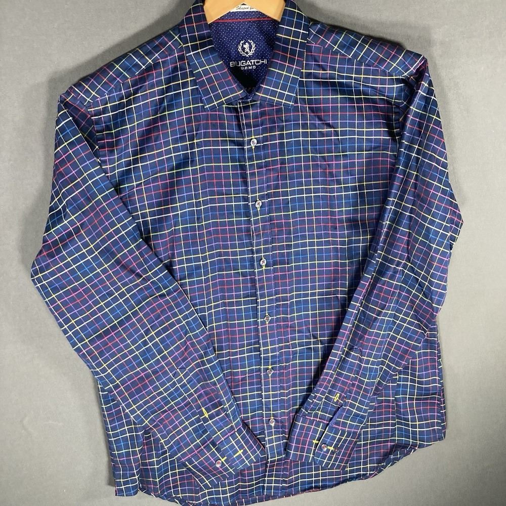 Bugatchi Uomo Mens XL Blue Purple Striped Geometric Dress Shirt‎ Button Up